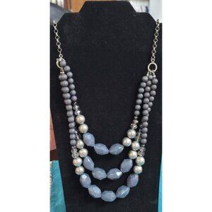 Vintage Chunky Blue Beaded Necklace 3 Layer Costume Jewelry Silver Tone Purple